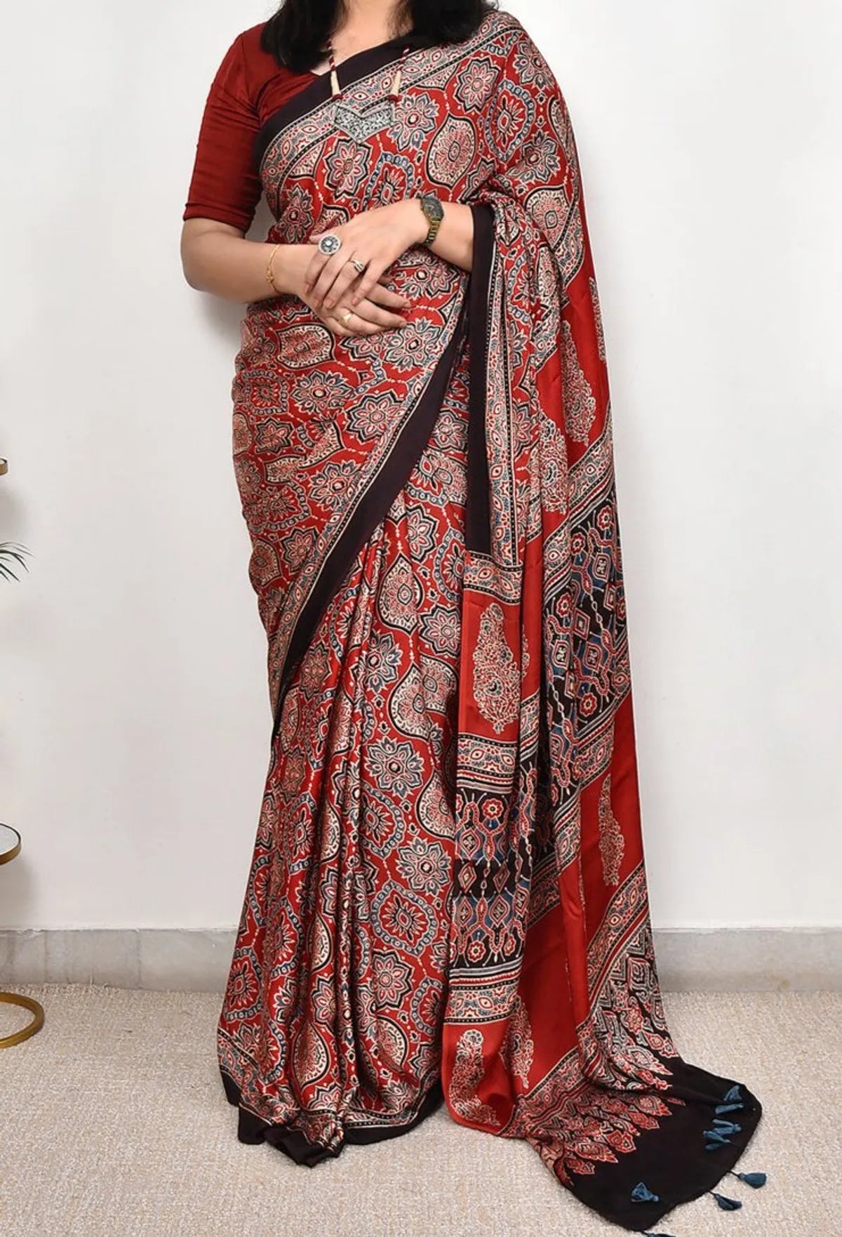 FABULAS RED COLOR AJRAKH SAREE