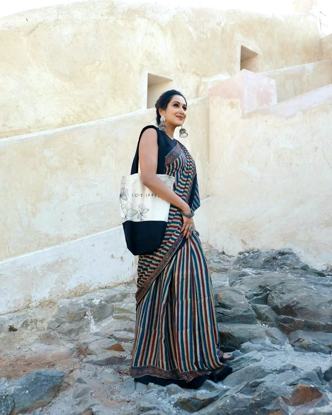 MULTI COLOR LAHERIYA SAREE WITH AJRAKH PALLU