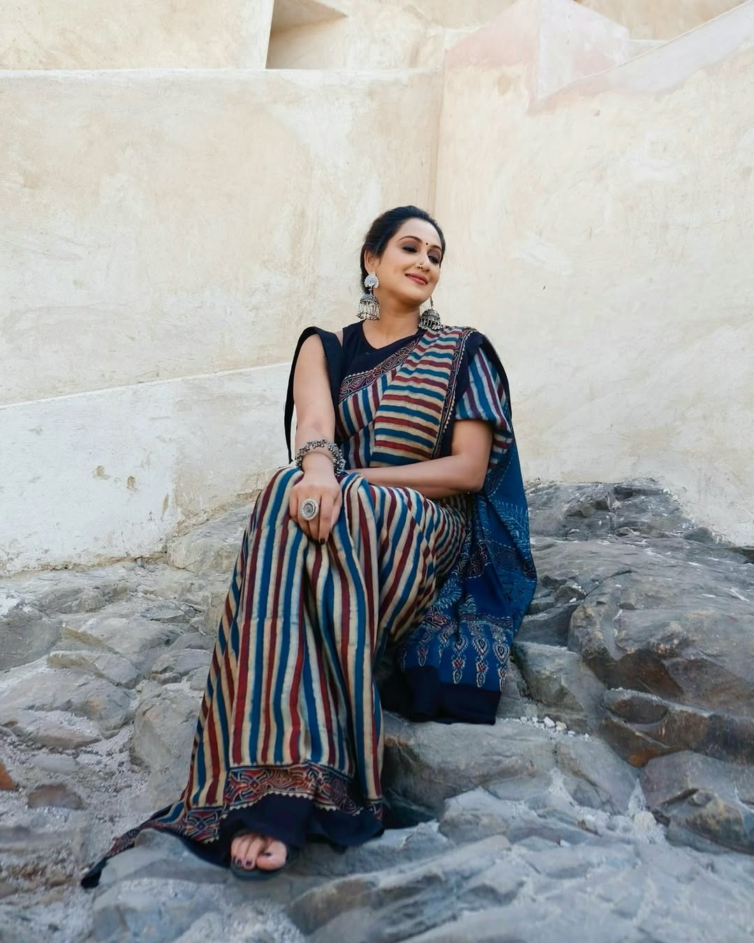 MULTI COLOR LAHERIYA SAREE WITH AJRAKH PALLU