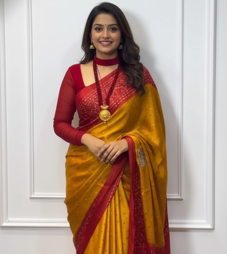 MUSTERD AND RED BANDHNI SAREE