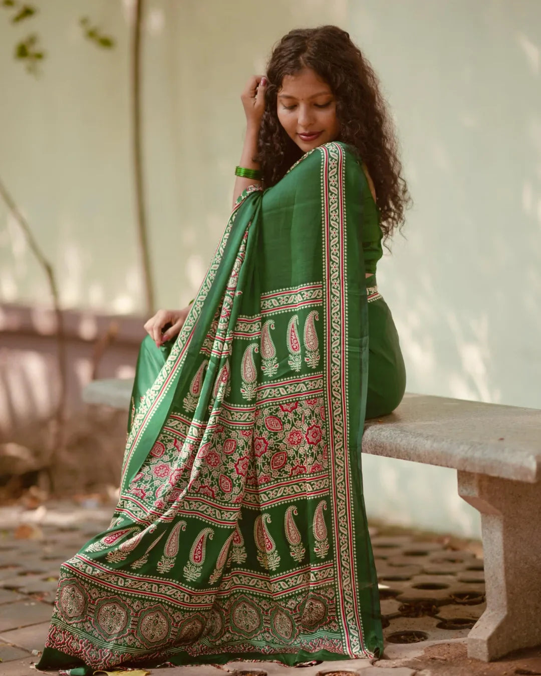 GREEN COLOR HALF AND HALF AJRAKH SAREE