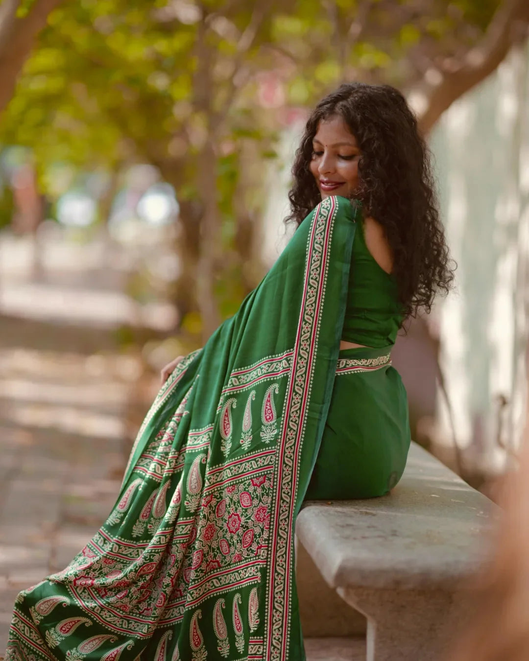 GREEN COLOR HALF AND HALF AJRAKH SAREE