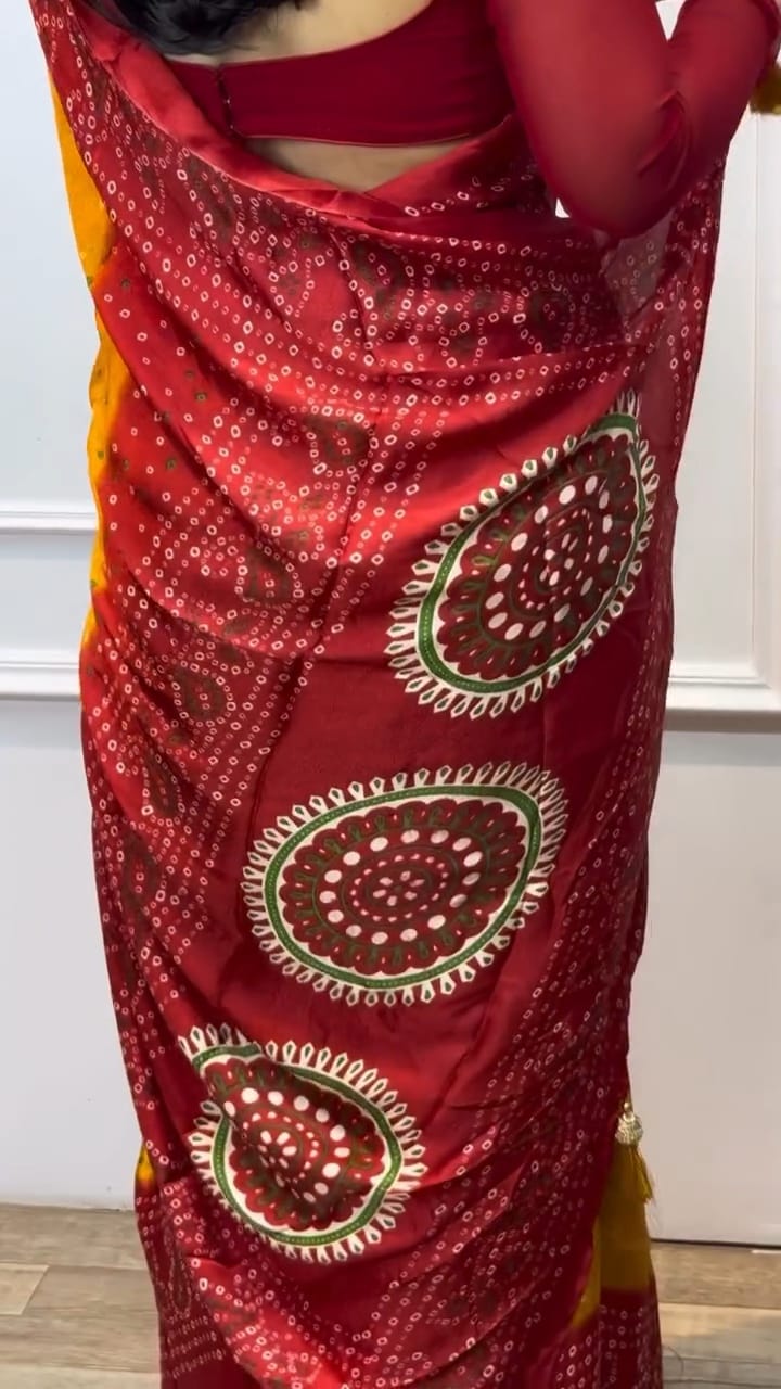 MUSTERD AND RED BANDHNI SAREE