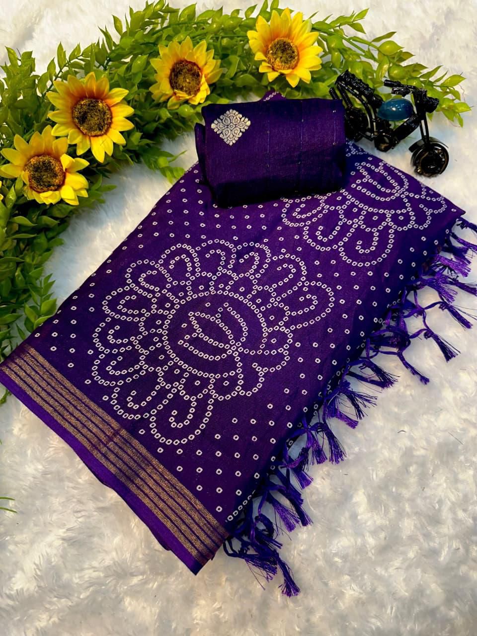 TRADITIONAL BANDHANI PURPLE COLOR WITH BEAUTIFULL GOLDEN WEVING SAREE WITH LESS BORDER