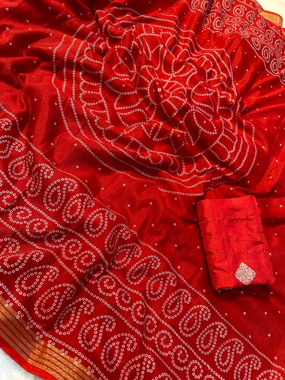 TRADITIONAL BANDHANI RED COLOR WITH BEAUTIFULL GOLDEN WEVING SAREE WITH LESS BORDER