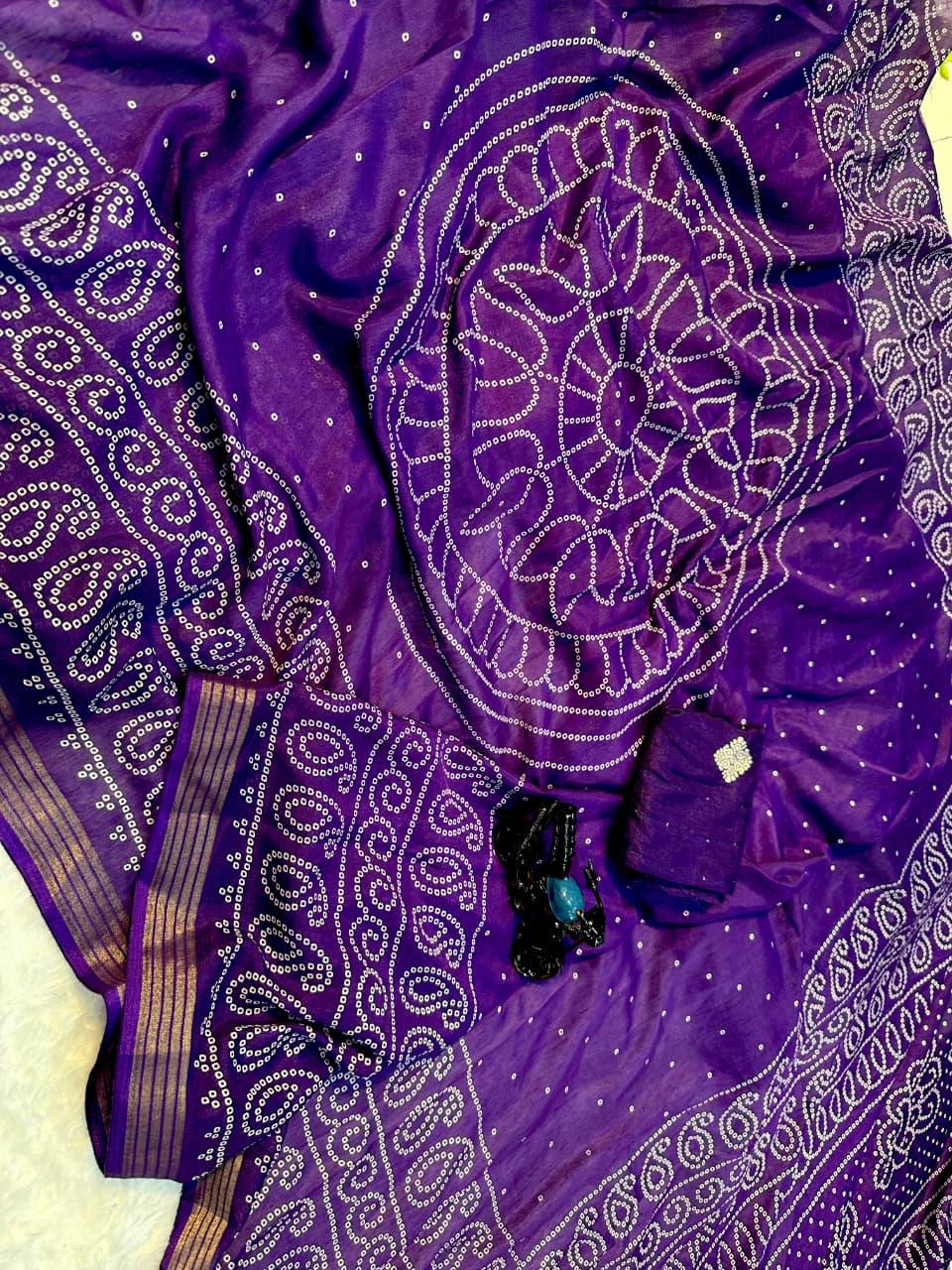 TRADITIONAL BANDHANI PURPLE COLOR WITH BEAUTIFULL GOLDEN WEVING SAREE WITH LESS BORDER