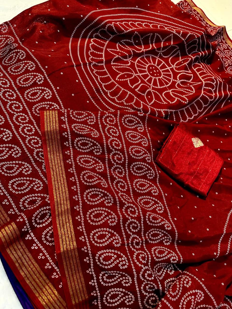 TRADITIONAL BANDHANI MAROON COLOR WITH BEAUTIFULL GOLDEN WEVING SAREE WITH LESS BORDER
