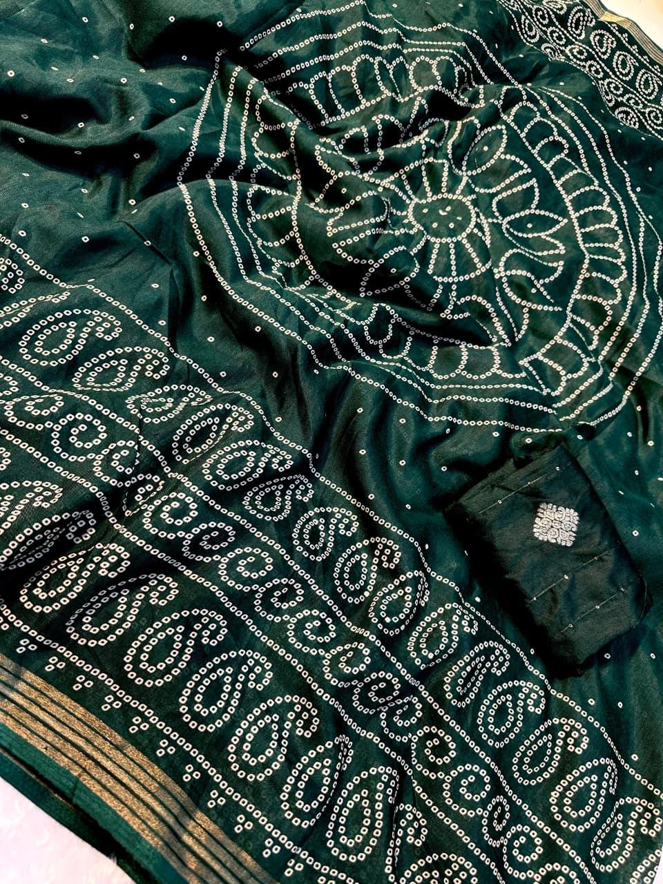 TRADITIONAL BANDHANI GREEN COLOR WITH BEAUTIFULL GOLDEN WEVING SAREE WITH LESS BORDER