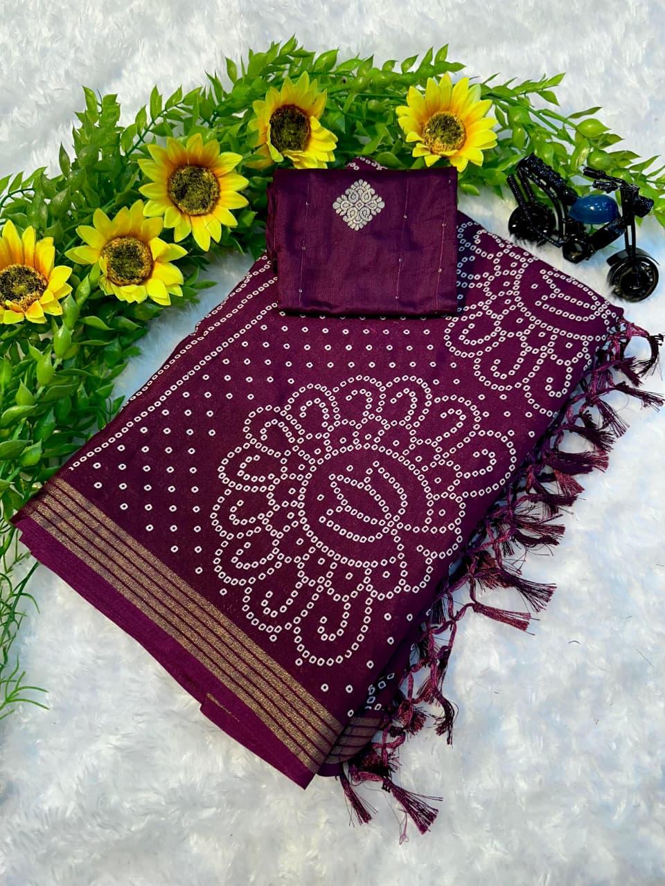 TRADITIONAL BANDHANI WINE COLOR WITH BEAUTIFULL GOLDEN WEVING SAREE WITH LESS BORDER