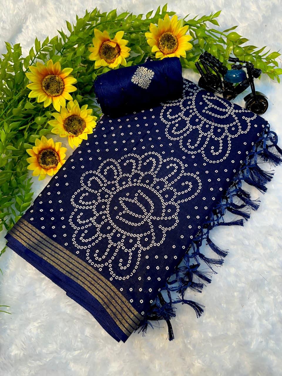 TRADITIONAL BANDHANI BLUE COLOR WITH BEAUTIFULL GOLDEN WEVING SAREE WITH LESS BORDER