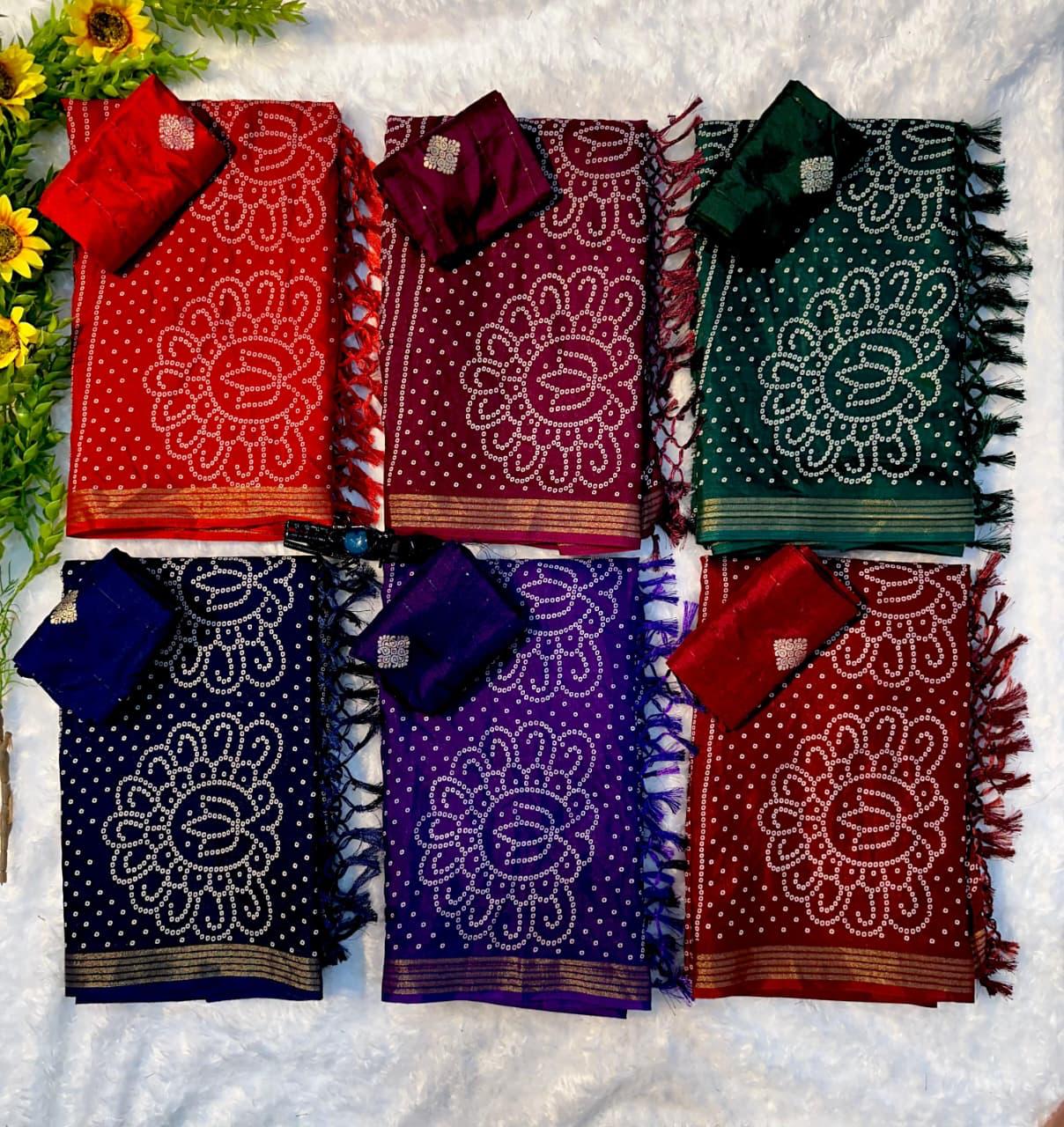 TRADITIONAL BANDHANI RED COLOR WITH BEAUTIFULL GOLDEN WEVING SAREE WITH LESS BORDER