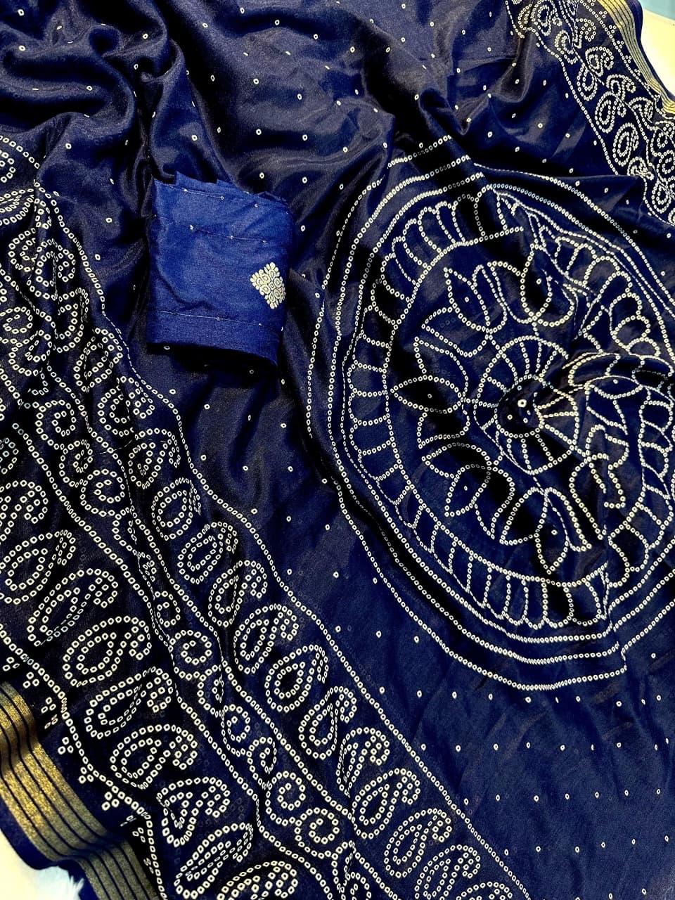 TRADITIONAL BANDHANI BLUE COLOR WITH BEAUTIFULL GOLDEN WEVING SAREE WITH LESS BORDER