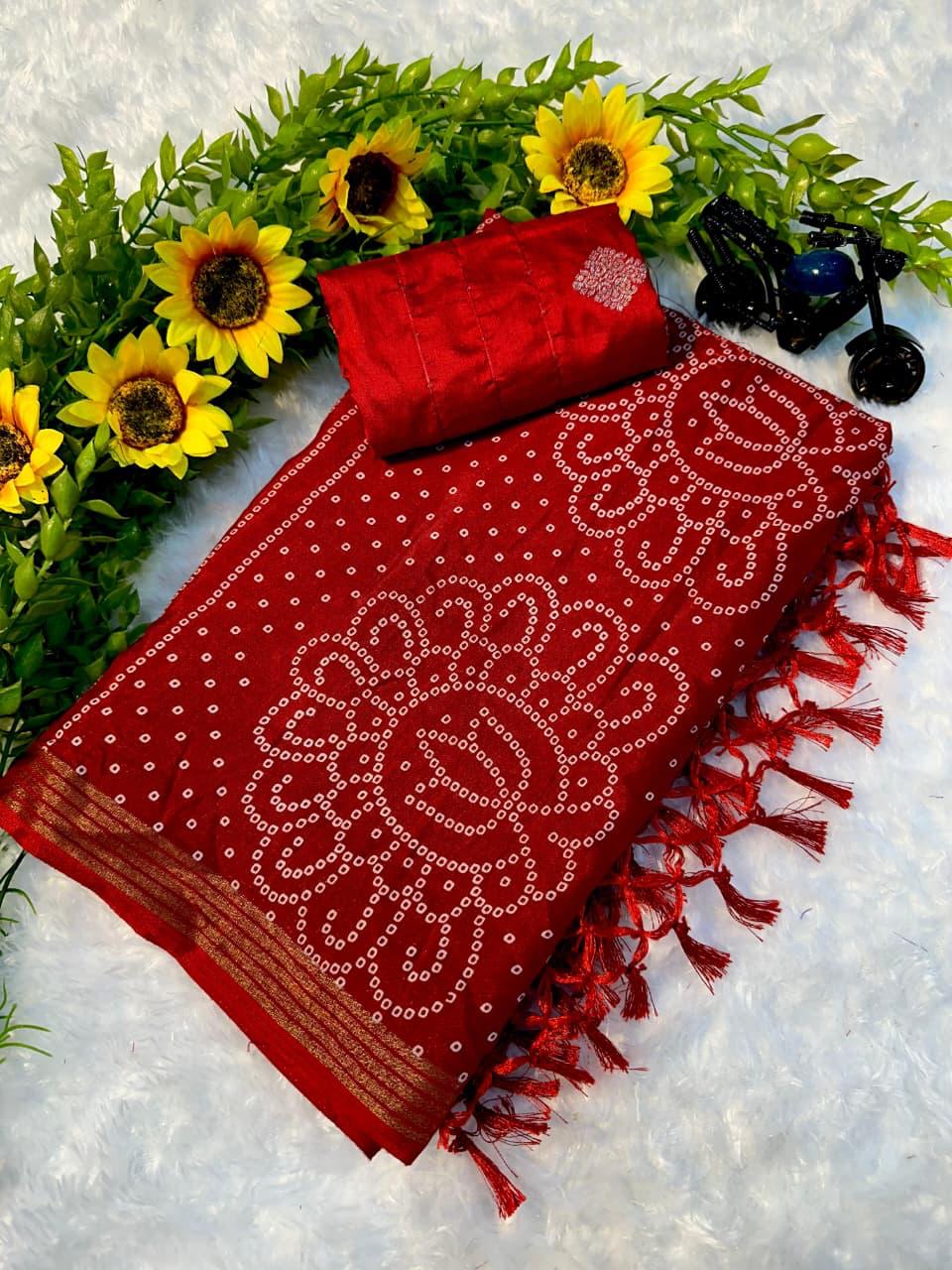 TRADITIONAL BANDHANI RED COLOR WITH BEAUTIFULL GOLDEN WEVING SAREE WITH LESS BORDER