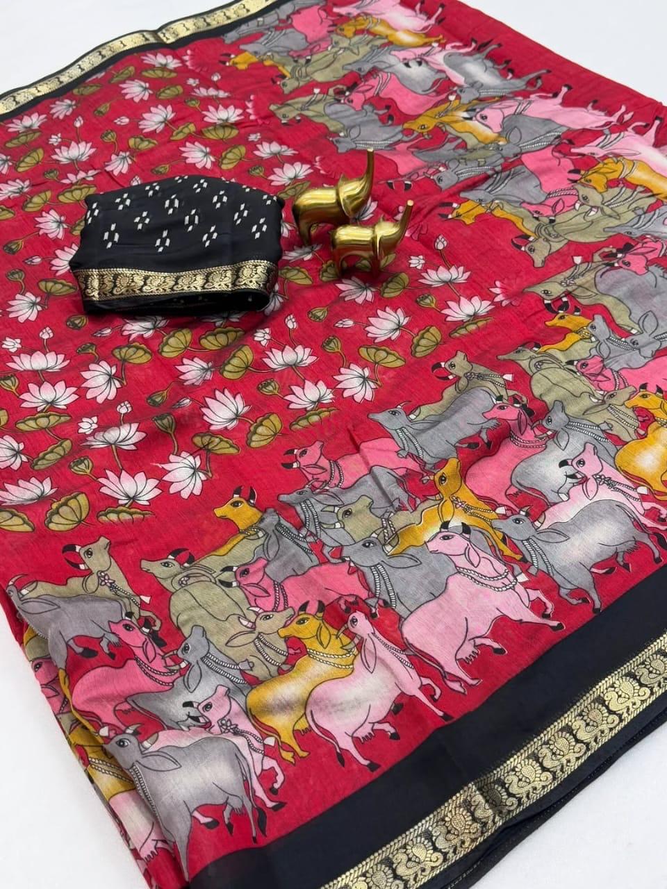 Maroon Mangalkari Viscouse Silk Print n Weaving Work Fancy Designer Festive Wear Saree for Women(cow)