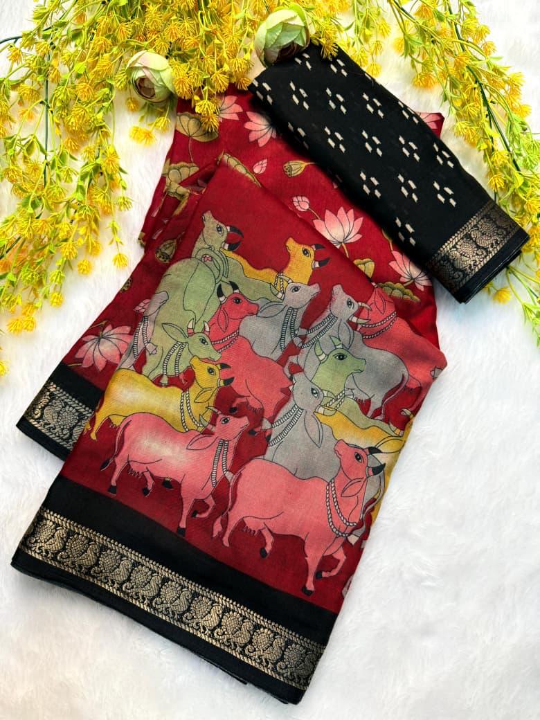 Maroon Mangalkari Viscouse Silk Print n Weaving Work Fancy Designer Festive Wear Saree for Women(cow)