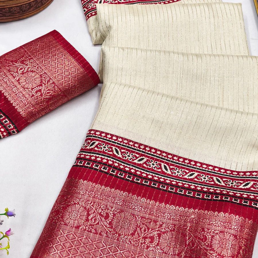 Traditional Cream & Maroon Saree with Golden Weaving – Minimal Border Elegance