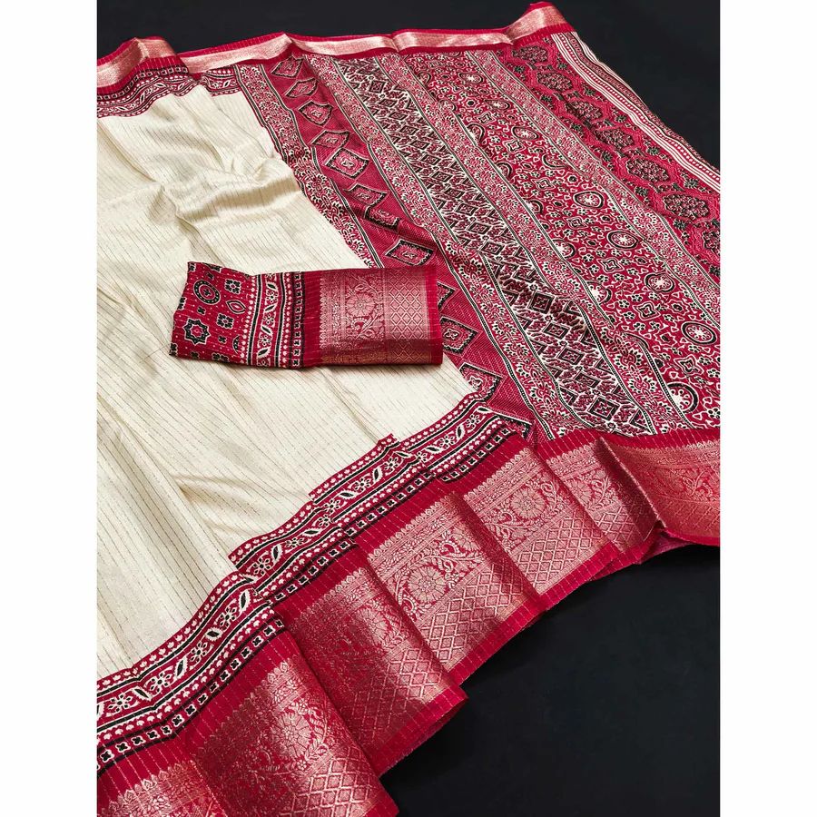 Traditional Cream & Maroon Saree with Golden Weaving – Minimal Border Elegance