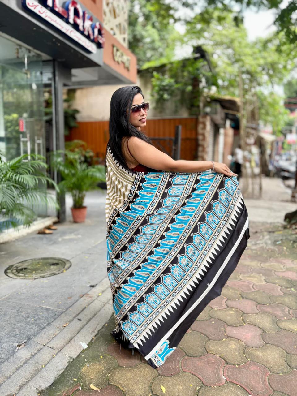 EXCLUSIVE BLUE AJRAKH PALLU LAHERIYA SAREE