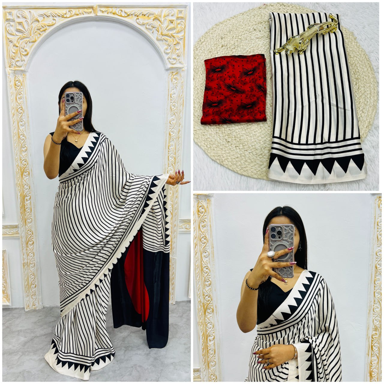 CREAM COLOR LAHERIYA SAREE WITH RED BINDI SAREE