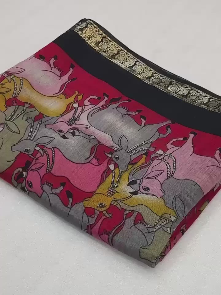 Maroon Mangalkari Viscouse Silk Print n Weaving Work Fancy Designer Festive Wear Saree for Women(cow)